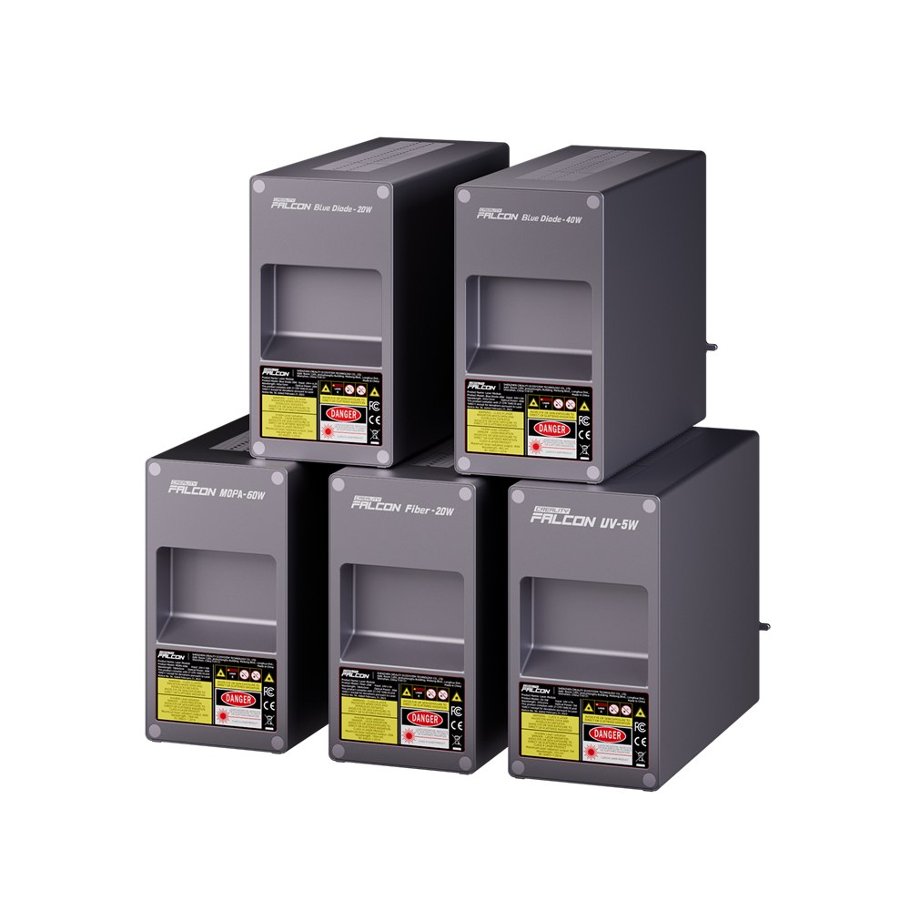 The five Falcon T1 laser modules: diode 20W/40W, fibre 20W, MOPA 60W and UV 5W